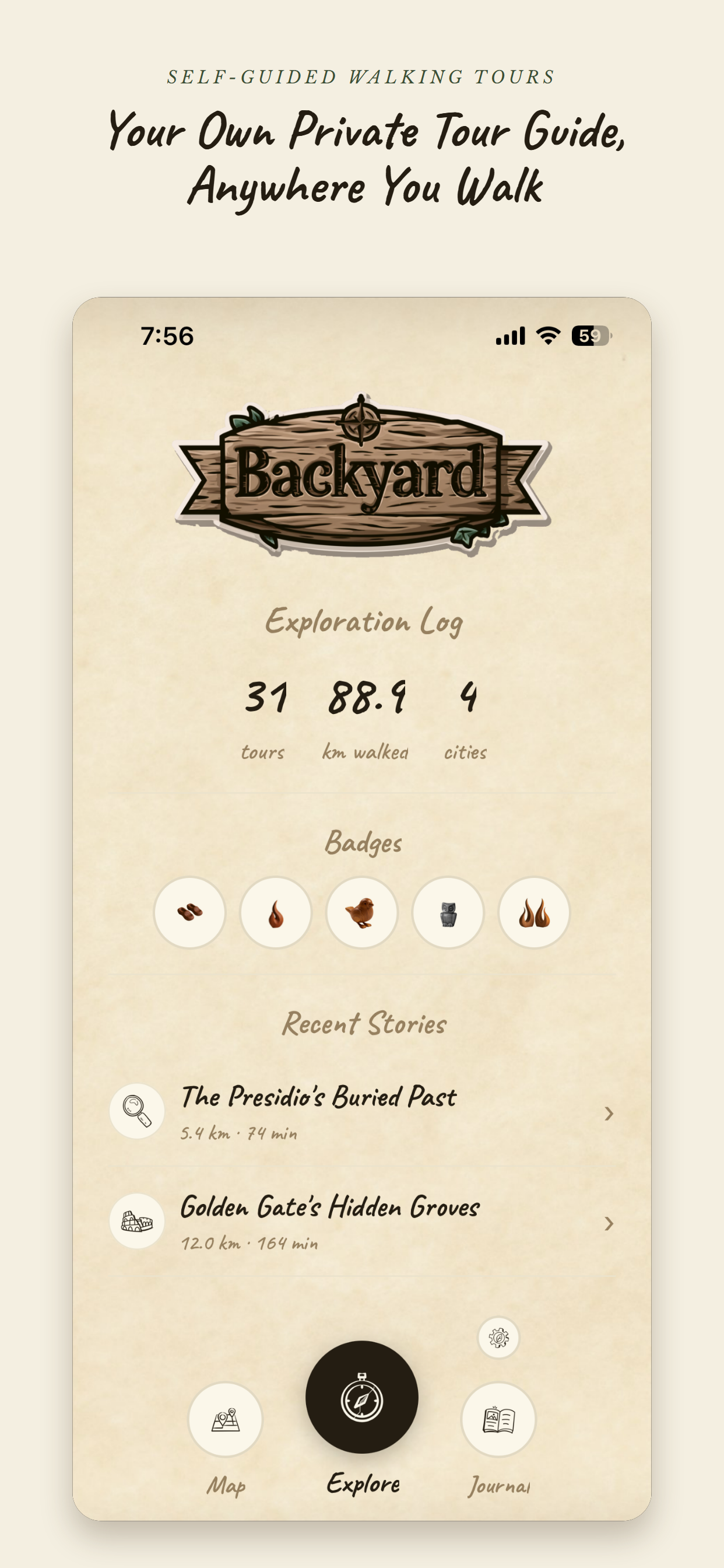 Backyard home screen showing an Exploration Log with tours, distance walked, cities visited, badges, and recent stories