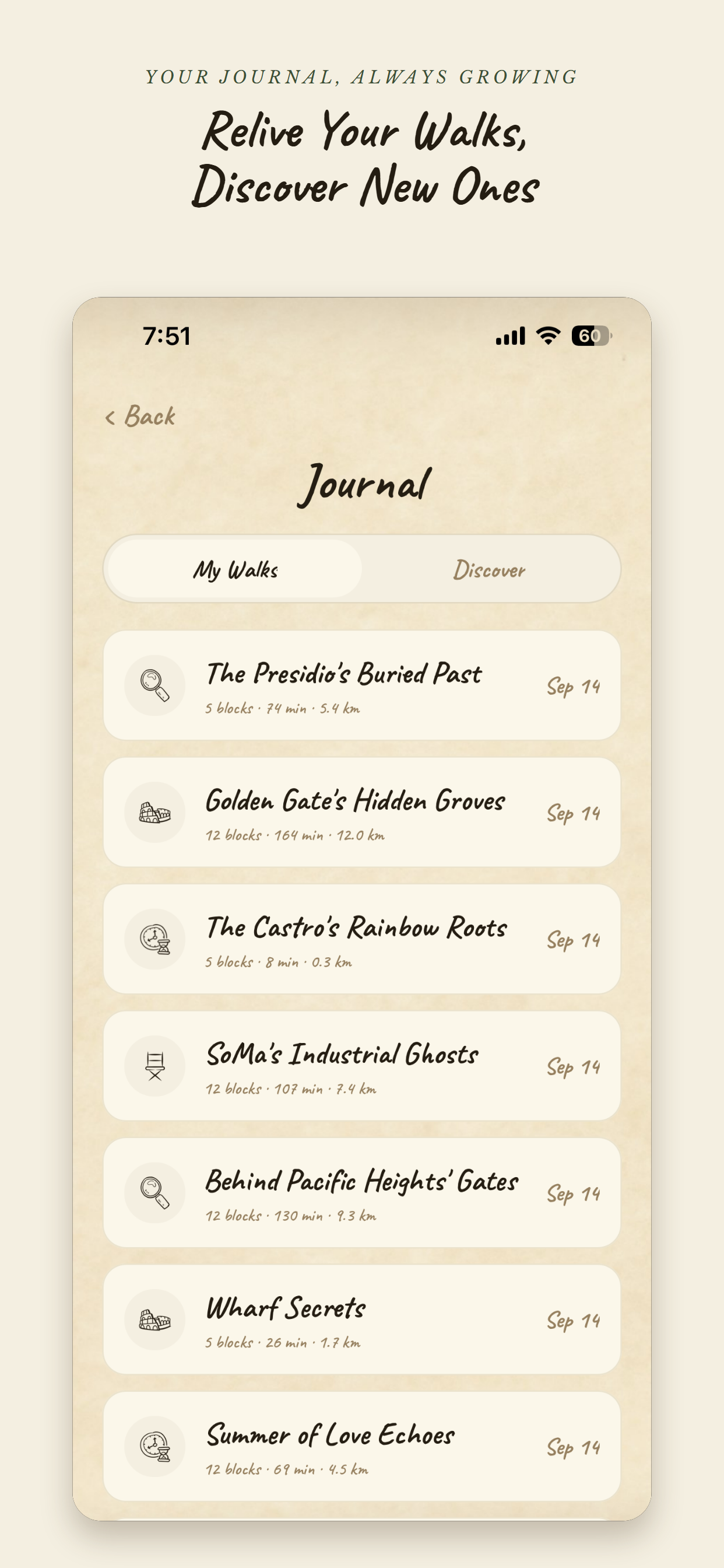 Backyard journal screen listing past walks with distance and duration