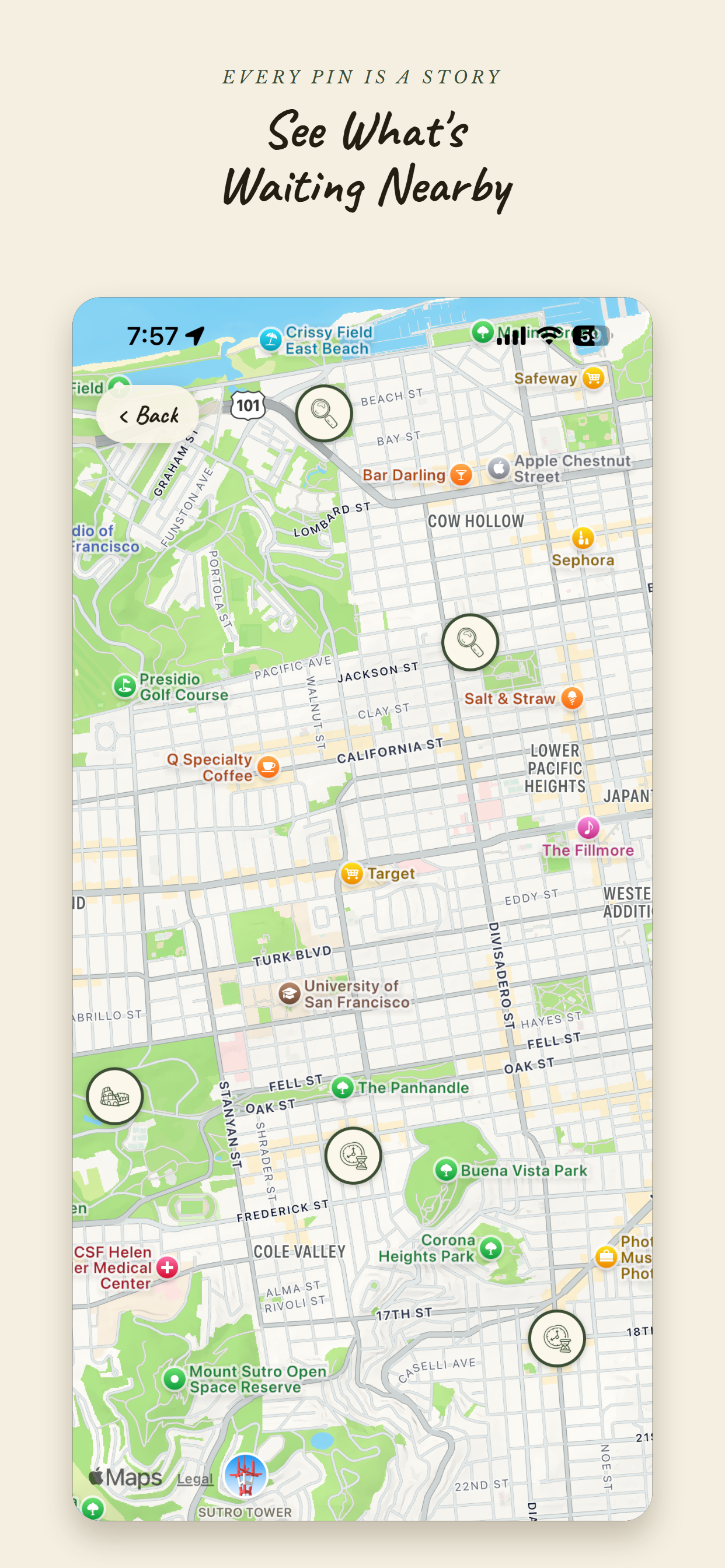 Backyard map screen showing nearby story pins on a real city map