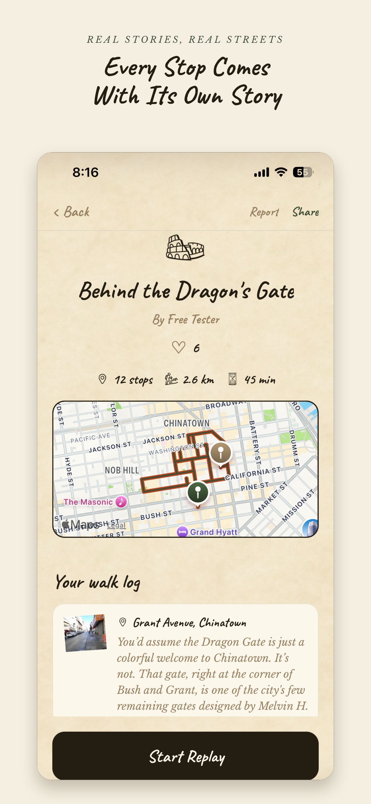 Backyard route detail screen showing a published tour with its map, walk log, and narration text