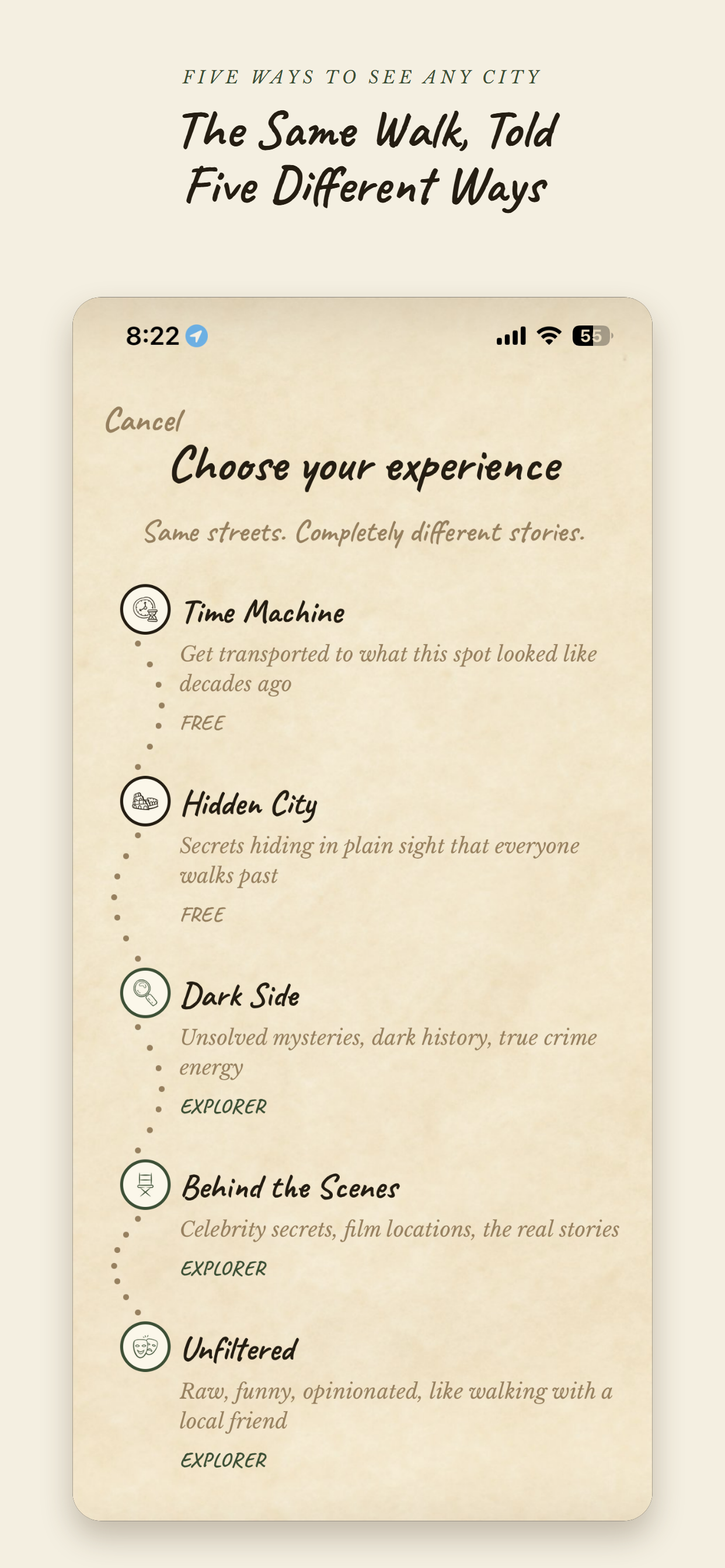 Backyard mood picker screen showing five mood options: Time Machine, Hidden City, Dark Side, Behind the Scenes, and Unfiltered